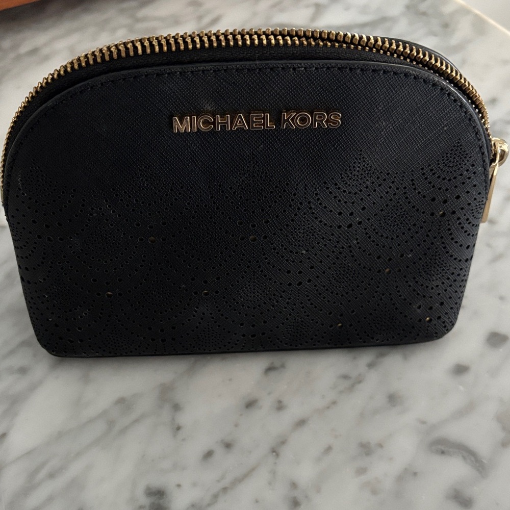 Michael Kors Black and Gold Leather Cosmetic Pouch